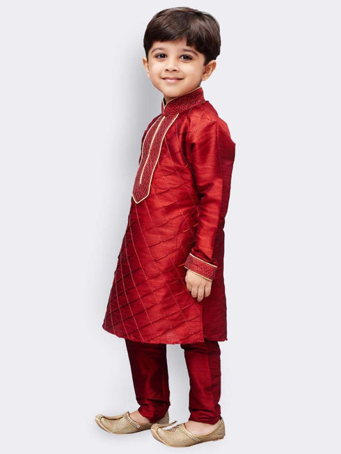 JBN CREATION Boys' Maroon Cotton Silk Kurta and Pyjama Set