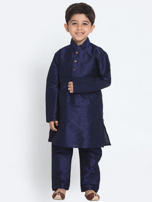 Vastramay Boys' Deep Blue Cotton Silk Blend Kurta and Pyjama Set
