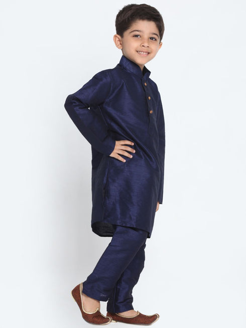 Vastramay Boys' Deep Blue Cotton Silk Blend Kurta and Pyjama Set