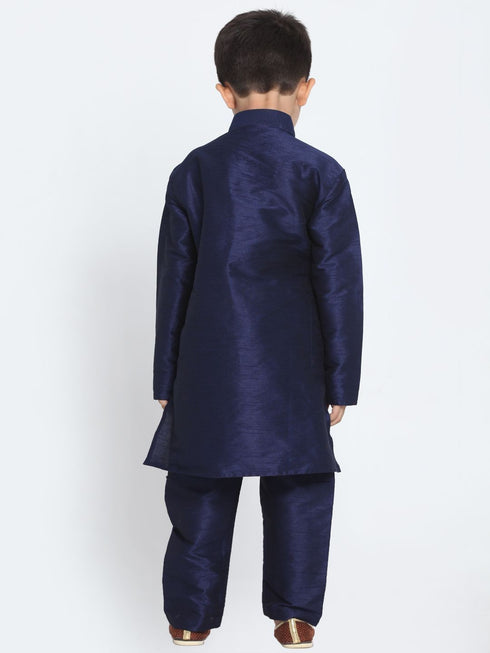 Vastramay Boys' Deep Blue Cotton Silk Blend Kurta and Pyjama Set