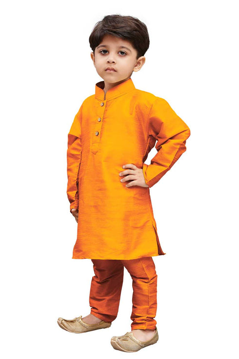 Vastramay Boys' Orange Cotton Silk Blend Kurta and Pyjama Set