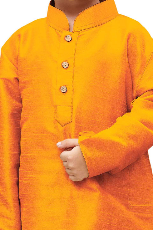 Vastramay Boys' Orange Cotton Silk Blend Kurta and Pyjama Set