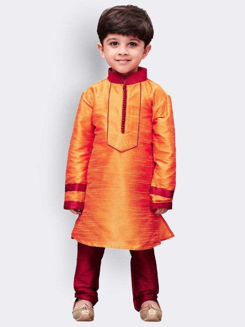 JBN CREATION Boys' Orange Cotton Silk Kurta and Pyjama Set