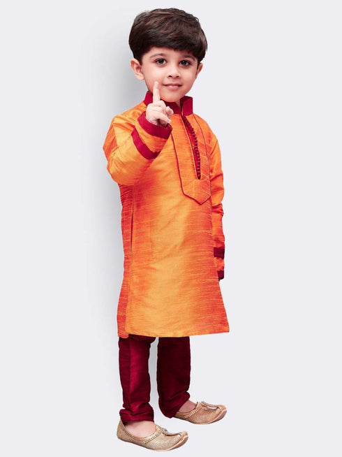 JBN CREATION Boys' Orange Cotton Silk Kurta and Pyjama Set