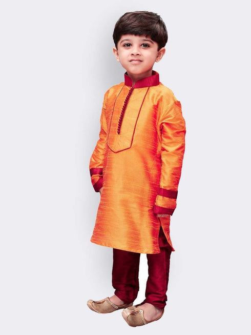 JBN CREATION Boys' Orange Cotton Silk Kurta and Pyjama Set