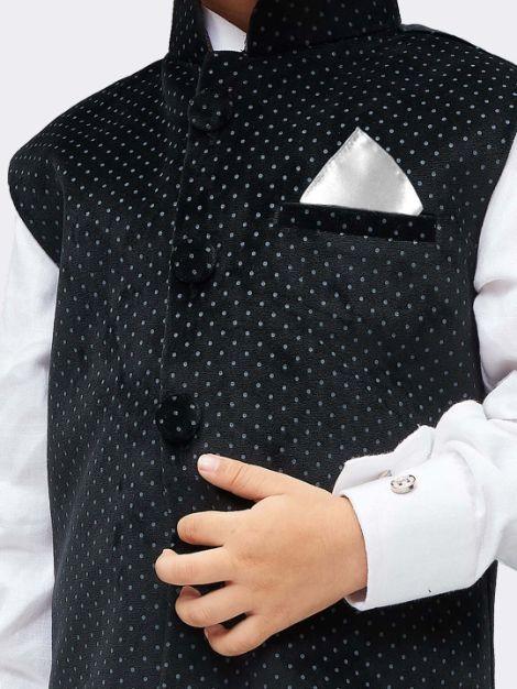 Vastramay Boys' White Cotton Kurta, Waistcoat and Pyjama Set