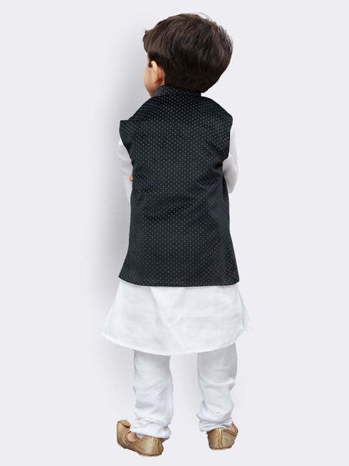 Vastramay Boys' White Cotton Kurta, Waistcoat and Pyjama Set