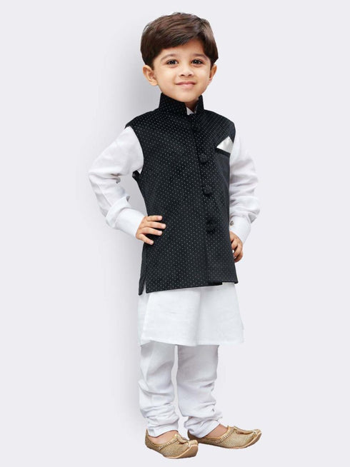 Vastramay Boys' White Cotton Kurta, Waistcoat and Pyjama Set