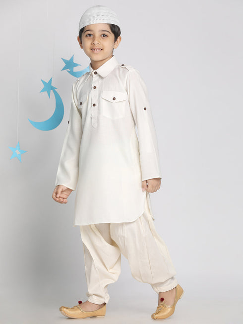 Vastramay Boys' Cream Pathani Suit Set