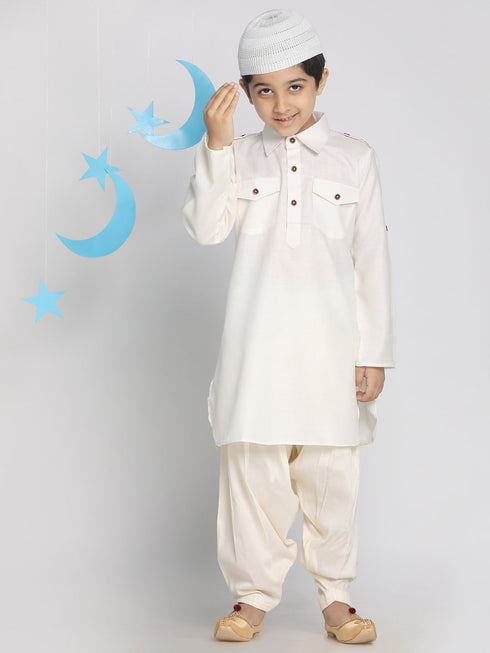 Vastramay Boys' Cream Pathani Suit Set