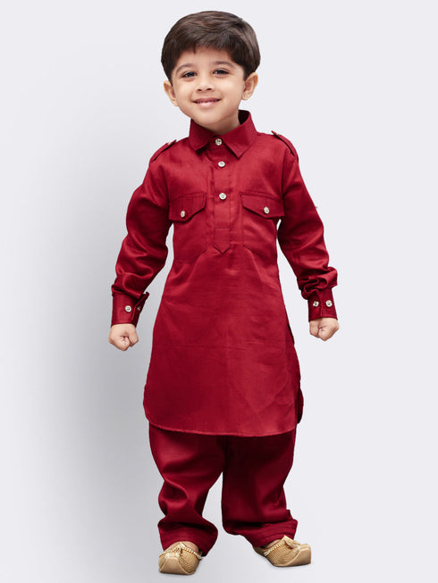 VASTRAMAY Boys' Maroon Cotton Pathani Suit Set