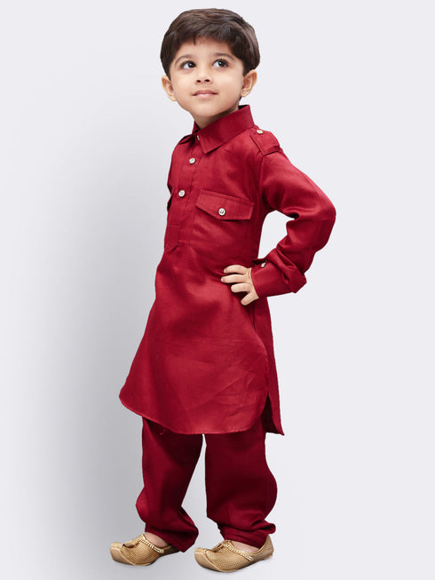 VASTRAMAY Boys' Maroon Cotton Pathani Suit Set