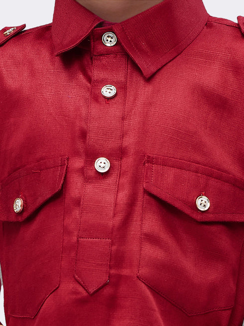VASTRAMAY Boys' Maroon Cotton Pathani Suit Set