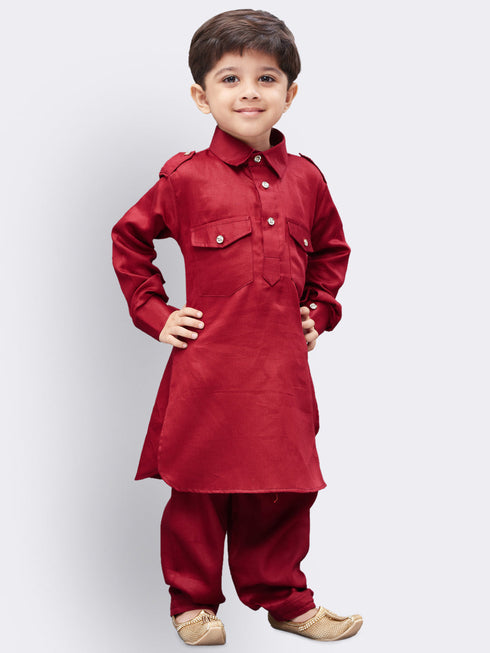 VASTRAMAY Boys' Maroon Cotton Pathani Suit Set