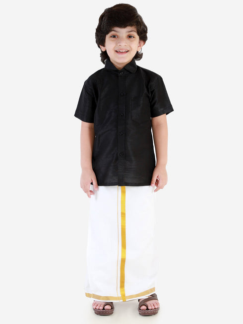 JBN Creation Boys' Black Silk Short Sleeves Ethnic Shirt Mundu Vesty Style Dhoti Pant Set