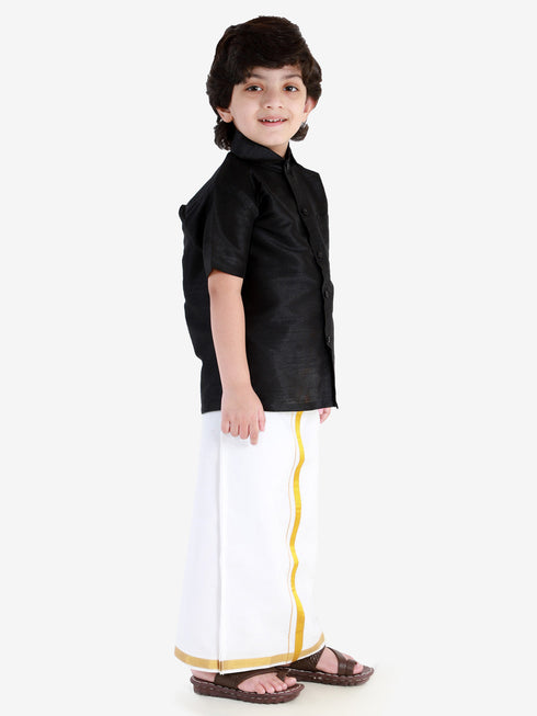 JBN Creation Boys' Black Silk Short Sleeves Ethnic Shirt Mundu Vesty Style Dhoti Pant Set
