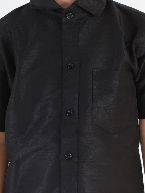JBN Creation Boys' Black Silk Short Sleeves Ethnic Shirt Mundu Vesty Style Dhoti Pant Set