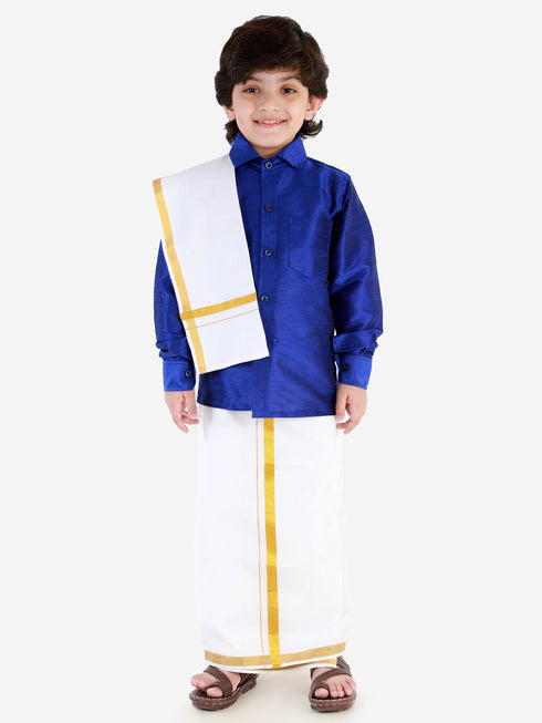 VASTRAMAY Boys' Blue Silk Long Sleeves Ethnic Shirt