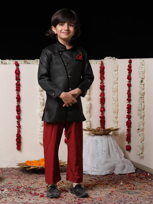 JBN CREATION Boy's Black Cotton Blend Sherwani And Pyjama Set