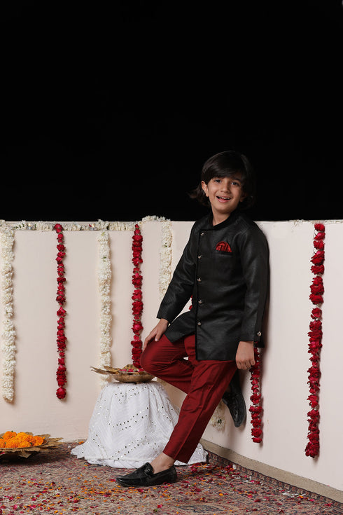 JBN CREATION Boy's Black Cotton Blend Sherwani And Pyjama Set