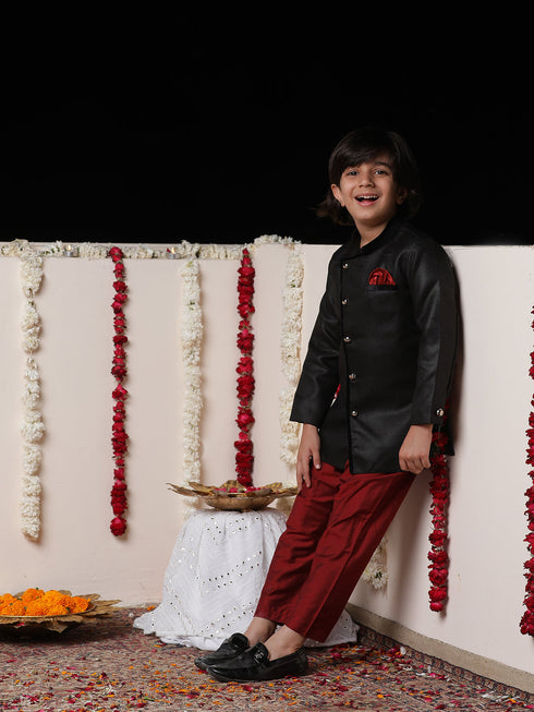 JBN CREATION Boy's Black Cotton Blend Sherwani And Pyjama Set