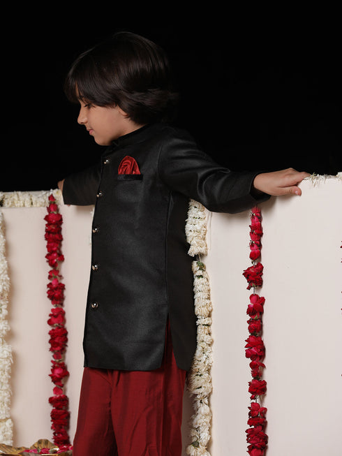 JBN CREATION Boy's Black Cotton Blend Sherwani And Pyjama Set