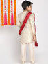 Vastramay Boys Beige & Cream Woven Design Sherwani Set With Maroon Dupatta