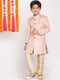 Vastramay Boys Pink & Gold-Colored Woven-Design Brocade Slim Fit Sherwani Set