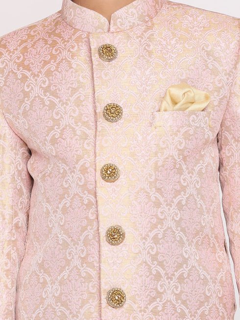Vastramay Boys Pink & Gold-Colored Woven-Design Brocade Slim Fit Sherwani Set