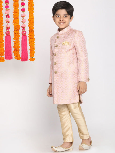 Vastramay Boys Pink & Gold-Colored Woven-Design Brocade Slim Fit Sherwani Set