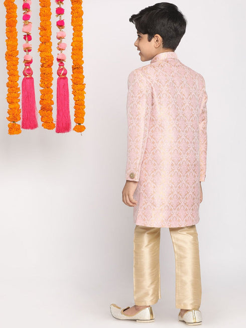Vastramay Boys Pink & Gold-Colored Woven-Design Brocade Slim Fit Sherwani Set