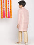 Vastramay Boys Pink & Gold-Colored Woven-Design Brocade Slim Fit Sherwani Set