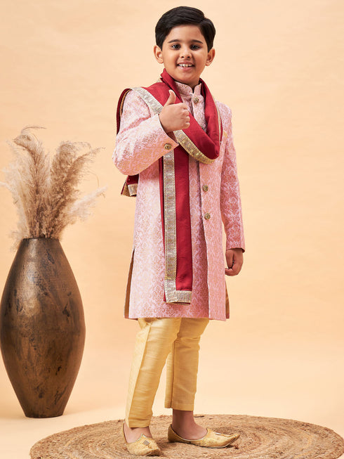 Vastramay Boys Pink & Gold-Colored Woven-Design Brocade Slim Fit Sherwani Set With Maroon Color Dupatta