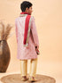 Vastramay Boys Pink & Gold-Colored Woven-Design Brocade Slim Fit Sherwani Set With Maroon Color Dupatta