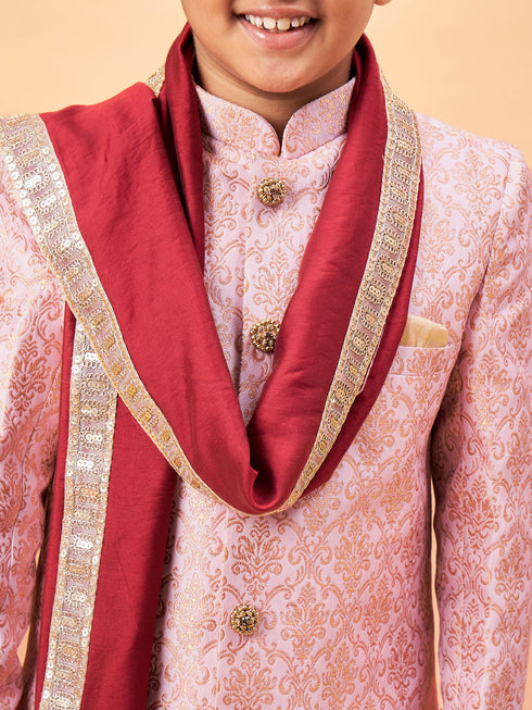 Vastramay Boys Pink & Gold-Colored Woven-Design Brocade Slim Fit Sherwani Set With Maroon Color Dupatta