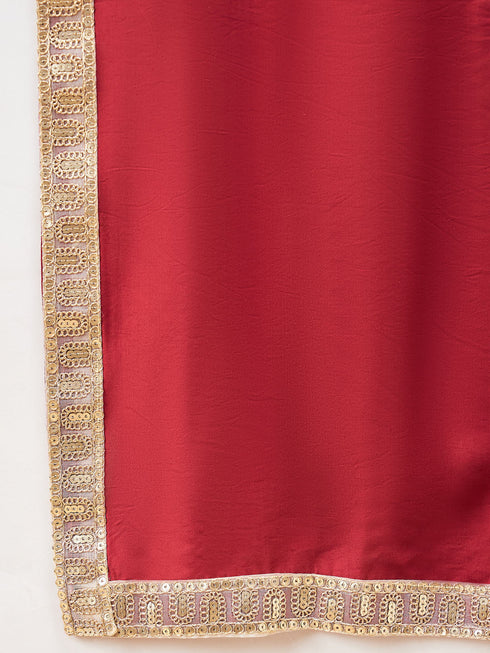 Vastramay Boys Pink & Gold-Colored Woven-Design Brocade Slim Fit Sherwani Set With Maroon Color Dupatta