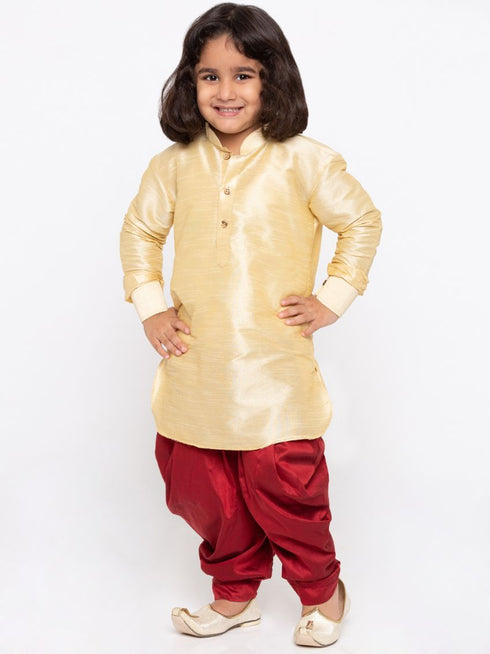 Vastramay Boys' Gold Cotton Silk Kurta and Dhoti Pant Set