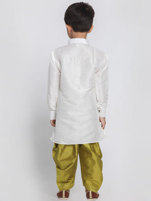 Vastramay Boys' White Cotton Silk Kurta and Dhoti Pant Set