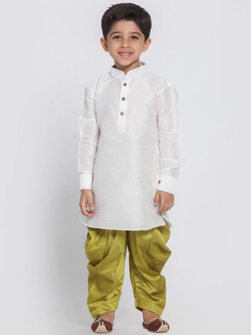 Vastramay Boys' White Cotton Silk Kurta and Dhoti Pant Set