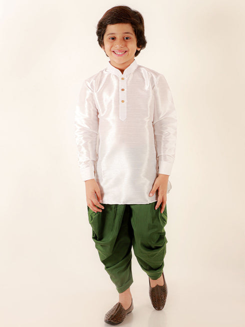 Vastramay Boys' White Cotton Silk Kurta and Green Dhoti Pant Set