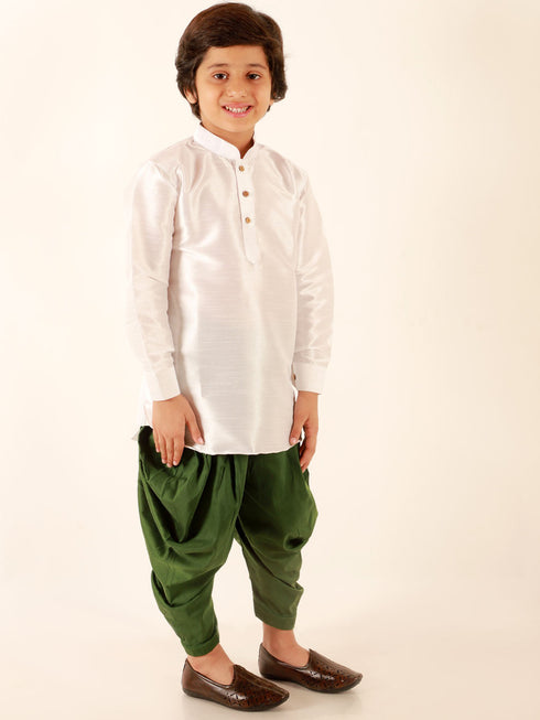 Vastramay Boys' White Cotton Silk Kurta and Green Dhoti Pant Set
