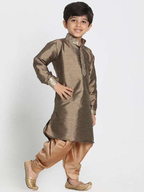 Vastramay Boys' Bronze Cotton Silk Blend Kurta and Dhoti Pant Set