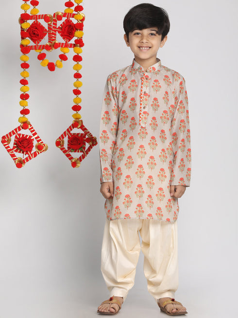 Vastramay Boys' Multicolor-Base-Beige And Cream Kurta Patiala Set