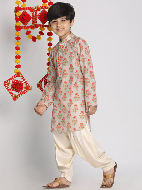 Vastramay Boys' Multicolor-Base-Beige And Cream Kurta Patiala Set