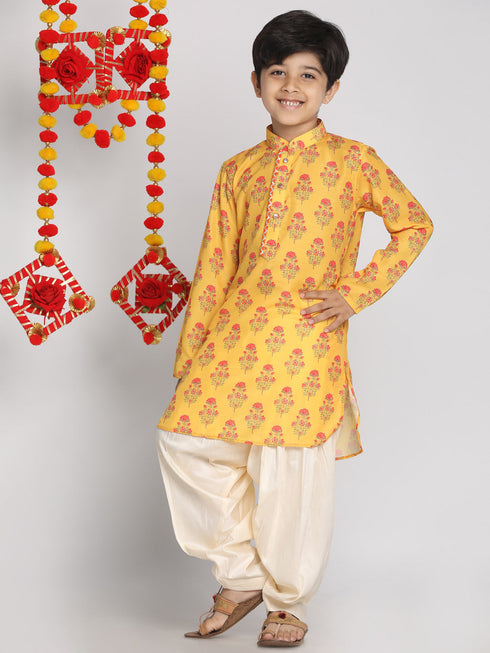 Vastramay Boys' Multicolor-Base-Mustard And Cream Kurta Patiala Set