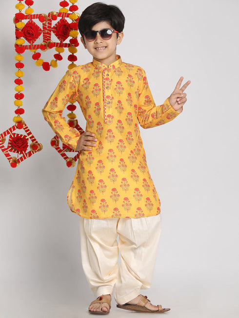 Vastramay Boys' Multicolor-Base-Mustard And Cream Kurta Patiala Set
