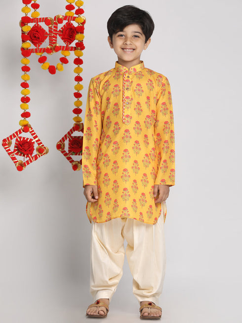 Vastramay Boys' Multicolor-Base-Mustard And Cream Kurta Patiala Set