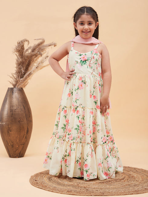 Vastramay Girl's Light Yellow Floral Print Anarkali With Pink Dupatta