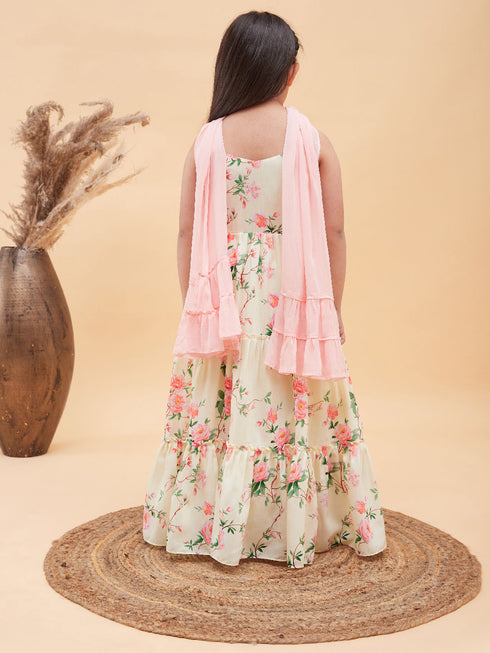 Vastramay Girl's Light Yellow Floral Print Anarkali With Pink Dupatta