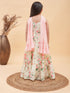 Vastramay Girl's Light Yellow Floral Print Anarkali With Pink Dupatta